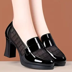 Elegant Women's Chunky Block Heel Pumps - Pointed Toe Summer Shoes with Mesh Paneling & Synthetic Cover, Black Versatile Dress Shoes for Casual & Formal Occasions, Shoes Heels, Sleek Shoe Design, Shimmering Finish, Office Wear, Breathable M
