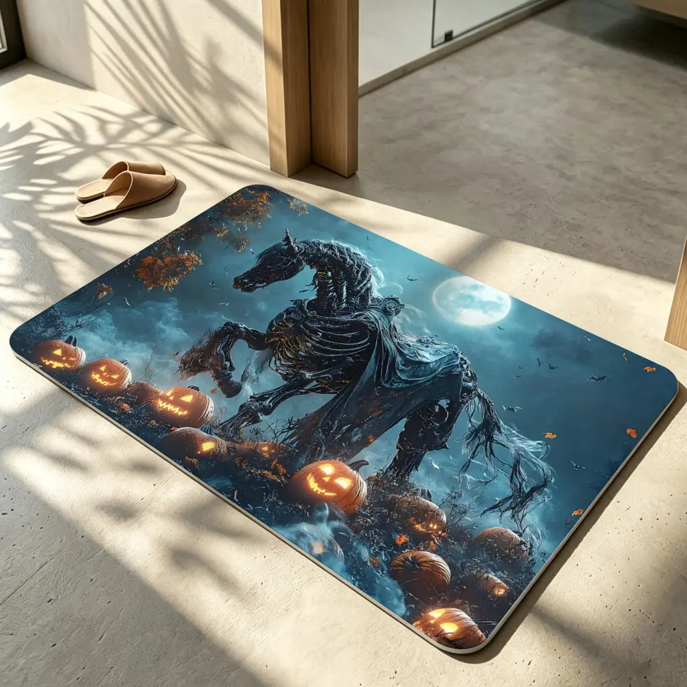 Skeletal Horse Pumpkin Field Door Mat, Ghastly Dark Fantasy Digital Painting Doormat, Horror Halloween Indoor Outdoor Non-Slip Floor Mat, Cool Welcome Entryway Carpet, Aesthetic Decor