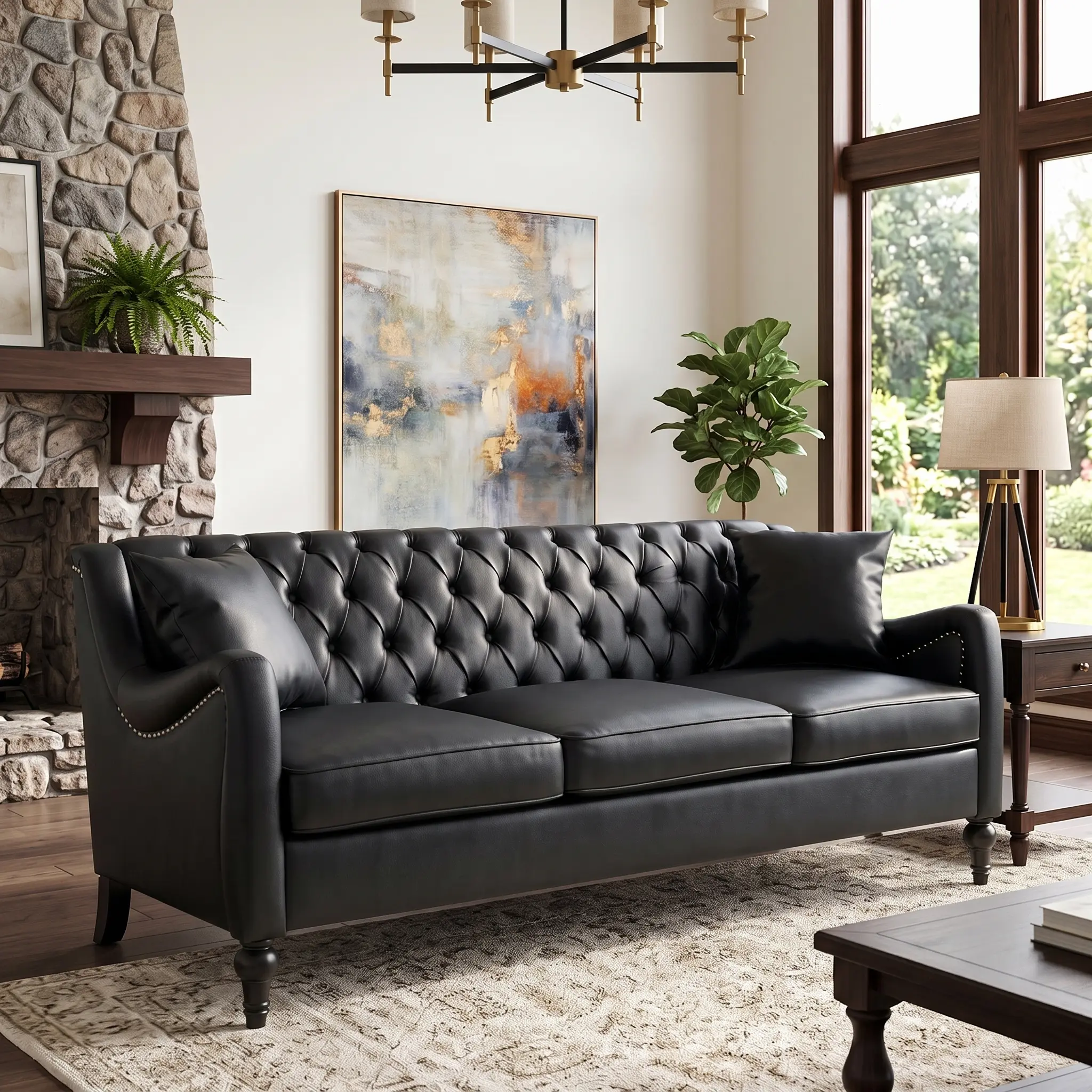 3 Seat Chesterfield Sofa with Pillow, Faux Leather Couch with Tufted Backrest & Nailhead Trim, Midcentury Modern Leather Sofa, Solid Wood Upholstered Couch for Living Room, Office, Club