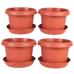 Austin Planter SAP925TC4 7.5 Inch Small Elite Ornamental Plastic Pot w/Drip Tray Terra Cotta Colored (4 Pack)