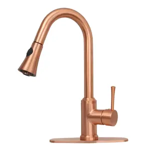 Copper Pull Out Kitchen Faucet with Deck Plate, Single Level Solid Brass Kitchen Sink Faucets with Pull Down Sprayer