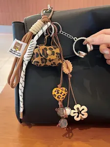 Retro Leopard Print Mini Bag Charm, Millard-Style Braided Rope Keychain, Heart-Shaped Glasses Beaded Pendant, Niche High-End Bag Accessory, Girly Purse Accessories, Versatile For Commuting, Can Hang On Bags, Keys, Or Phone, A Personalized Mood Accessory
