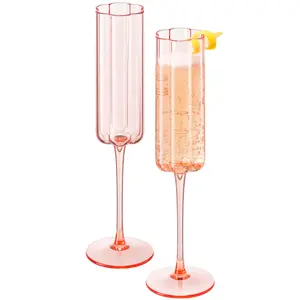Khen Shatterproof Acrylic Flower Wavy Vintage Champagne Flute, Art Deco Pink Tritan Coupe Glasses | Set of 2 | 6.5oz Ripple Glassware Indoor & Outdoor