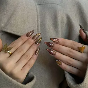 (MTO) BubbleNailArt Espresso Velvet Deep Bronze Shimmer Magnetic Cat Eye Almond Reusable Fashion Nails Handcrafted Wearable Nail Art Fashion Hand Accessories