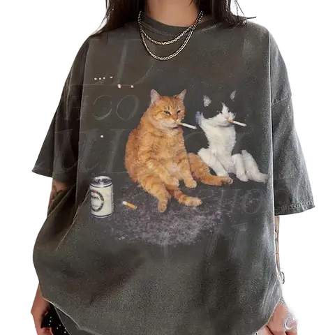 Vintage Smoking Cats Comfort Colors,  Vintage Smoking Cat Shirt,  Retro Streetwear Shirts, Funny Kitten, Crew Neck, Menswear Top, Womenswear Top Underwear Streetwear