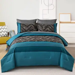 Teal Blue Comforter Set  Size, 7 count Blue and Black Stripe Bed in a Bag, Geometric Comforter and Sheet Set, Soft Microfiber Complete Bedding Sets for  Seasons