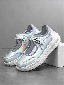 Women's Holographic Mary Jane Platform Sneakers, Hook and Loop Comfort Wedge Shoes