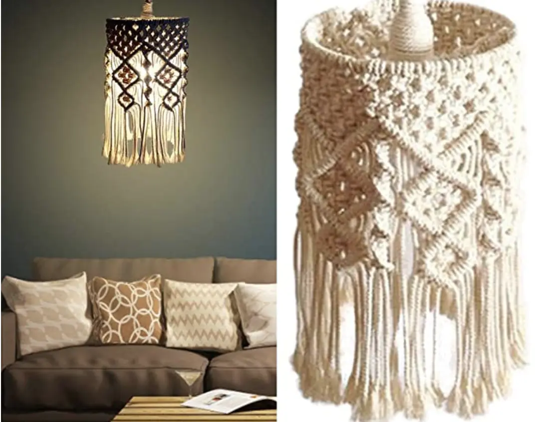 Macrame Hanging Lamp, Basic Natural Cotton Design with Cotton Craftwork and Steel Rings, Indoor Home Decor for Highlighting a Room