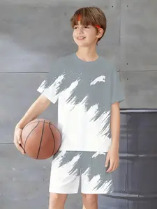 Boys' Gradient Leopard Print Set, Casual Sporty Short Sleeve Shorts, Fitted Crop Top Without Zipper, Random Print, No Collar