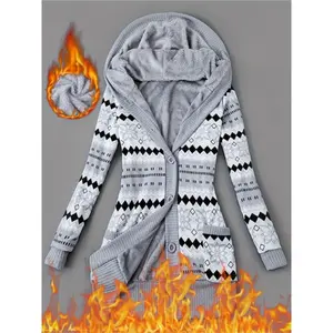 Fashionable Women's Geometric Pattern Knitted Long-sleeved Thickened Jacket, Mid-length Hooded Cardigan With Pockets, Lined With Fleece, Warm And Comfortable, Suitable For Outdoor Wear In Autumn And Winter, Women's Clothing Can be used with a raincoat