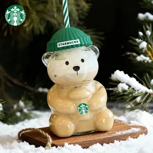 Starbucks 2026 Barista Bear Cup Limited Edition Glass Cup Xmas Gift 591 ml R Green Tumbler with Straw