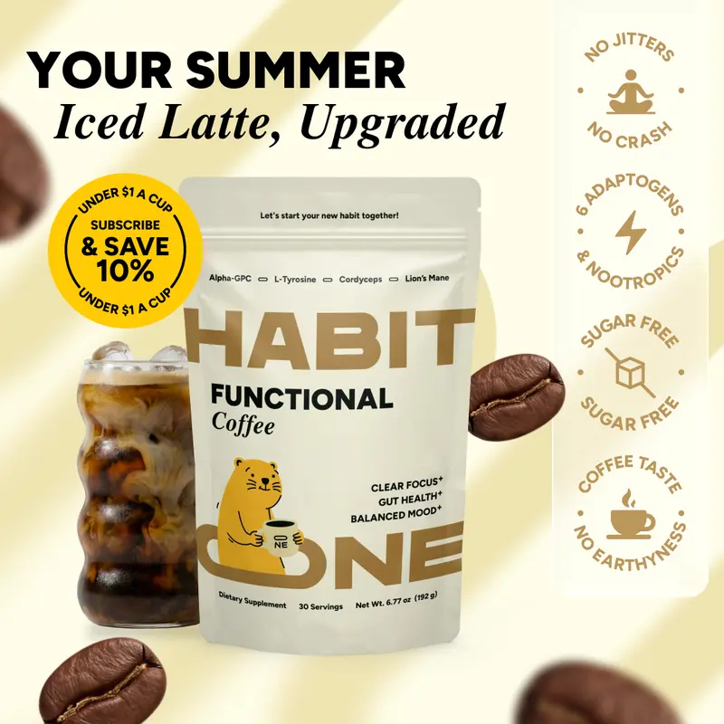 HabitONE Mushroom Coffee | 30 Servings | Lion's Mane, Cordyceps, Reishi, Chaga | No Bloating, Smooth Energy