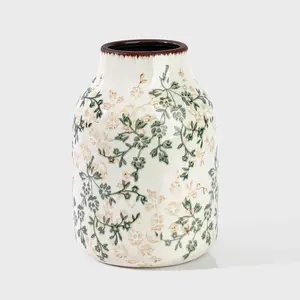 Beige and Green Vintage Rustic Ceramic Vase,Handcrafted Farmhouse Decorative Vase, Easy to Clean Perfect for Flowers Wedding Centerpiece or Shelf Decor 8Inch