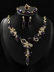 Elegant Floral Design Coordinated Jewelry Set, Alloy Necklace Earrings Bracelet Ring, Perfect Gift for Weddings & Parties