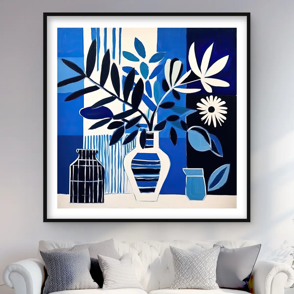 Begin Home Decor C1FM4848Z3K8E7 48 x 48 in. Blue Living - Black Flowers Framed Matted Print Wall Art - Home Decor