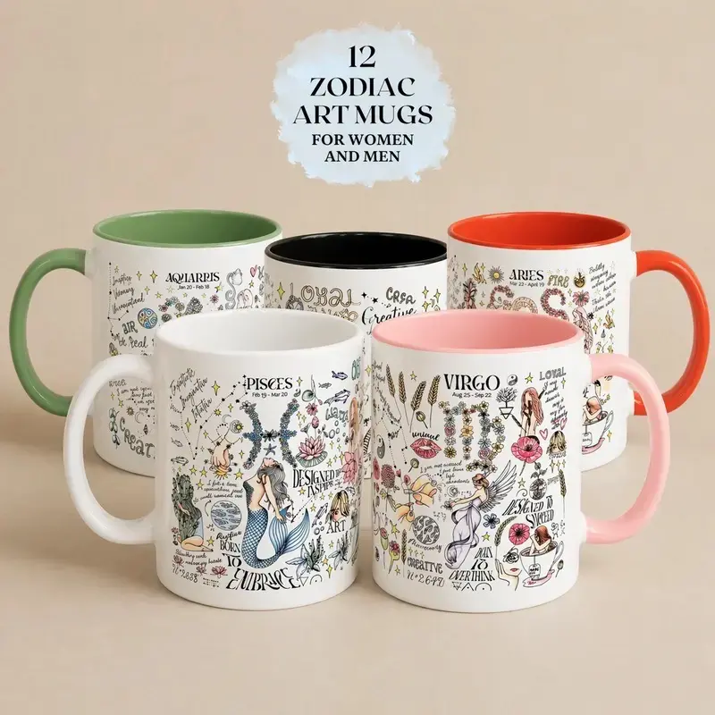 All 12 Zodiac Signs Mugs , Astrology Coffee Mug Collection, Horoscope Ceramic Cup Gift Set, Colorful Zodiac Sign Drinkware