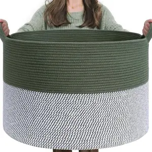 Large Laundry Storage Basket, 21.7 x 13.8 Blanket Basket for Organizing - Decorative Rope Basket for Living Room, Bedroom, Nursery - Toy Storage Basket for Clothes, Towels, Empty Gift Basket - Green