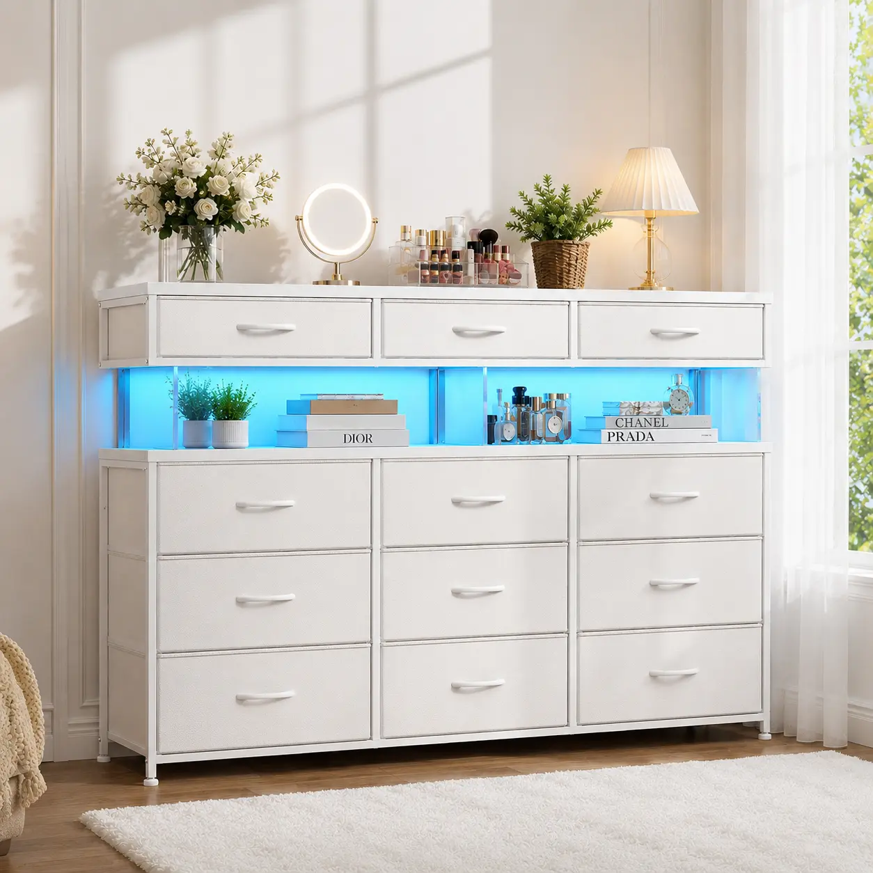 RaybeeFurniture Dresser for Bedroom with 12 Drawers, Dresser with LED & Charging Station, 38.6''H Dressers & Chests of Drawers with 10mm Sturdy Acrylic Sheet, for Bedroom, Closet, Entryway