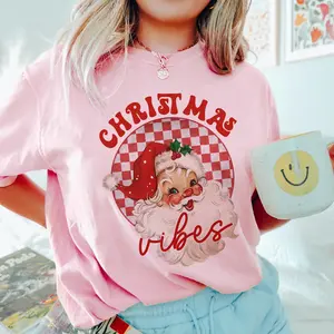 Red Santa Christmas Vibes t shirt, women’s Christmas shirts, cute funny Christmas top, retro Santa Claus shirts, comfort colors ivory, pink