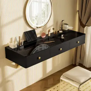 Makeup Vanity Desk 47" Floating Shelf with 3 Drawers for Makeup Jewelry Organisation, Multi-Purpose Wall-Mounted Vanity Shelf for Bedroom Bathroom Hairdressers, Bear 100LBS, Black and Golden