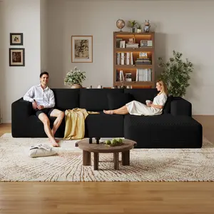 CHORRO 108''Sectional Boneless Cloud Sofa,Modern Modular L-Shape Couch for Living Room,Corduroy Convertible Sponge Sleeper Sofas,Upholstered Lougne Chaise Couchs-with Soft Pillow(Black,Right,Chaise)