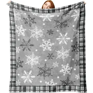 Winter Snowflake Grey Flannel Throw Blanket, Gray Christmas Birthday Gifts for Kids Men Women, Buffalo Plaid Soft Blankets for Bedding Sofa 50 x 60 Inches
