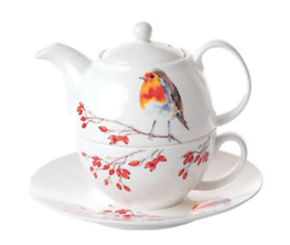 Roy Kirkham 212 MAIN Robin Design Bone China Luxury 1-Person Stacked Kitchen Tea Set - ER3070-R, 90mm Teapot (Handle, Spout, Microwave Safe), 140mm Teacup & Saucer, 2 lbs Multi-Color Drinkware