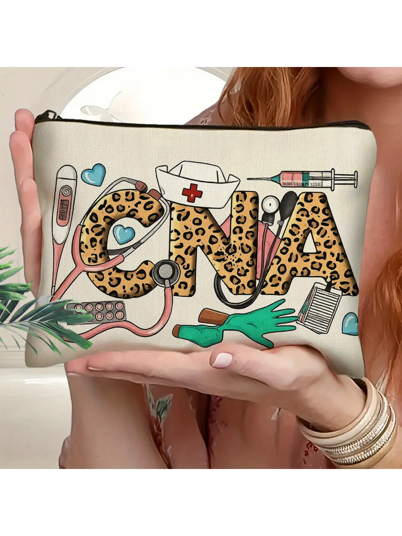 1pc Leopard Print CNA Theme Nursing Assistant Design Makeup & Toiletry Organizer Bag - Durable with, / Gift for CNA Professionals, Manicurists, Nurses - Machine Washable Makeup Pouch Makeup Storage Bag Cosmetic Pouch Makeup Bags