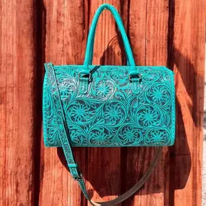 Medium Turquoise Floral Tooled Leathered Speedy Bag with Detachable Strap and Elegant Design