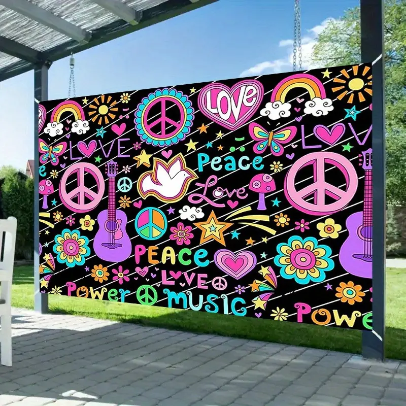 2D Print Hippie Style Backdrop with Peace Signs, Love Hearts, Music Guitars - Bold Colors, Boho Vibes for Party Decor, Banners, Decoration, Ideal Gift for Bohemian Gatherings & Home Decor, Multiple Events