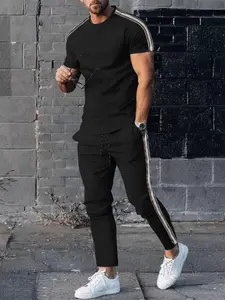 Men's Casual Sportswear Set Two-Piece Spring Summer Autumn Striped Printed Short-Sleeved T-Shirt & Long Pants Outdoor Street Fashion