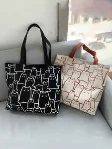 Cute Cat Print Canvas Tote Bag, Lightweight Large Capacity Shoulder Bag, Casual Commuter Bag, Women's Makeup Bag, Reusable Shopping Bag, Fashionable Patterned Bag, Fashionable Unique Bags