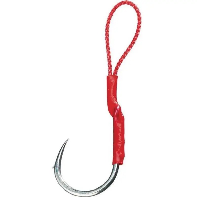 Magnum Single Assist Hooks - 2-Pack Short Shank Circle Style Fishing Gear, Heavy-Duty Metal Hooks with Red Braided Line for Vertical Jigging