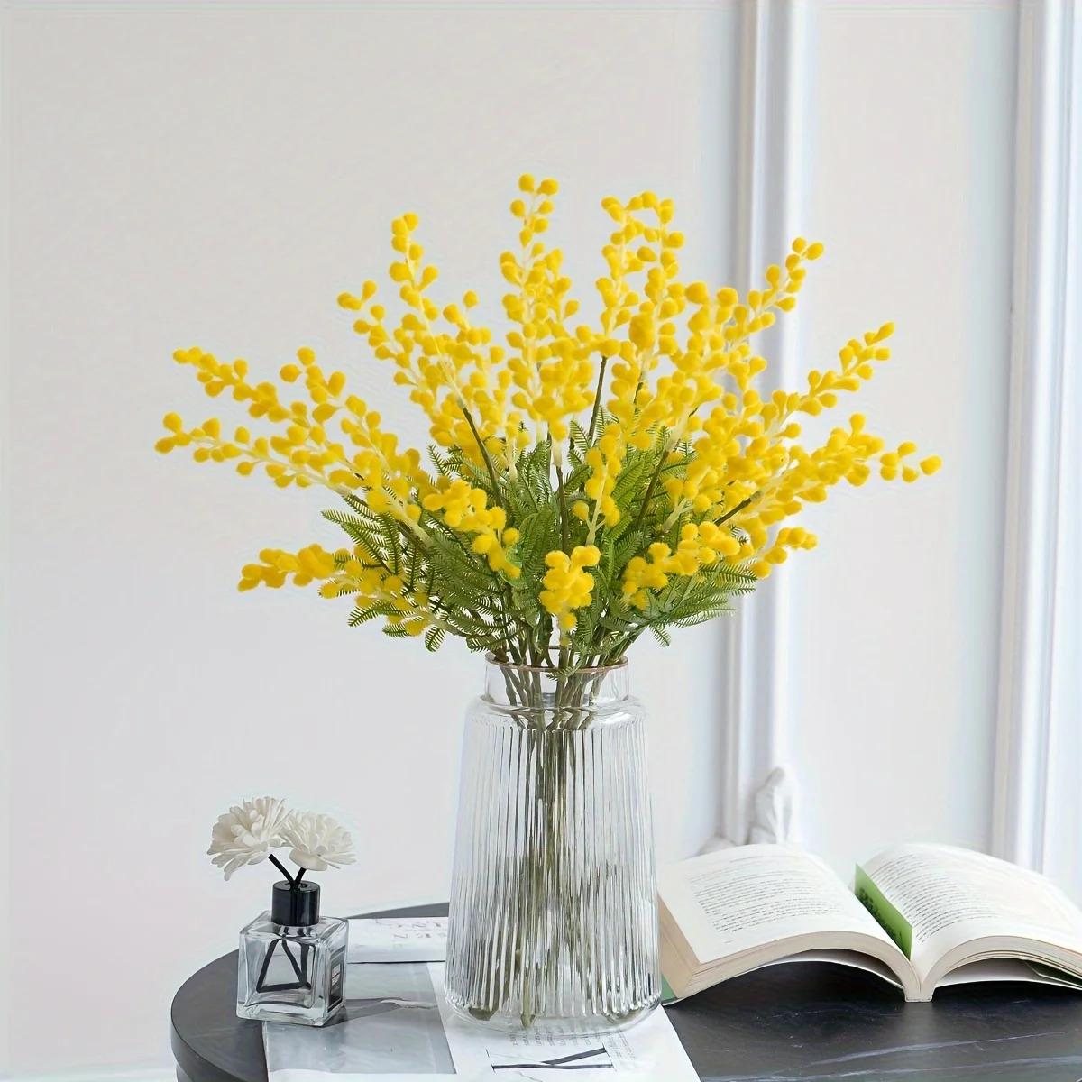 6pcs Artificial Mimosa Flower Bouquet |   Handmade Yellow Buds and Green Foliage, Lifelike Plastic Flowers and Leaves on Stems