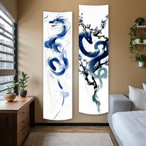 Dragon Blossom Vertical Banner Tapestry Wall Hanging Asian Dragon Long Narrow Wall Tapestry Blue And White Aesthetic Art Tapestries Ideal Gifts for Home Decor Enthusiasts Polyester Material Polyester Stitched Edges Wall Decor for Bedroom Living Room
