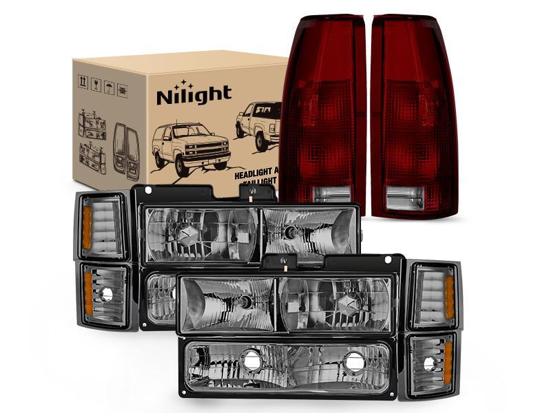 Nilight Headlight and Taillight Assembly Combo Compatible with 1994 1995 1996 1997 1998 Chevy Silverado Tahoe Suburban C10 C/K 1500 2500 3500 Tail Light Chrome Housing Amber Reflector Smoke Lens
