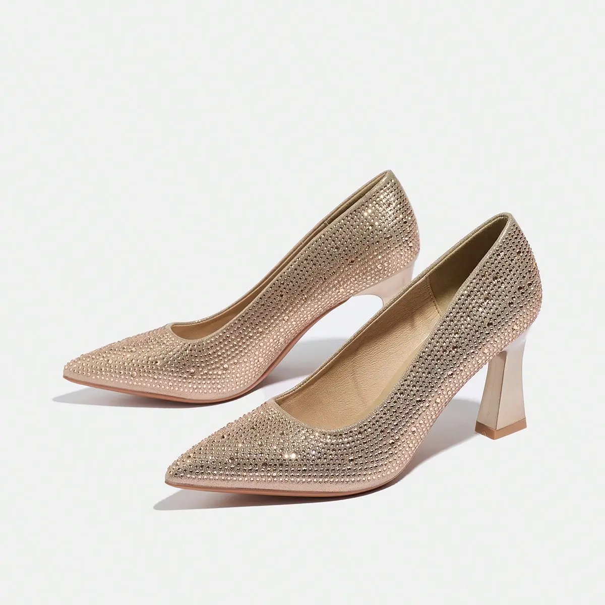 Women Elegant Fashion Sparkly Champagne Rhinestone Heel Pumps,Pointed Toe Block Heel Perfect For Party Wedding Evening Date Cocktail All Seasons