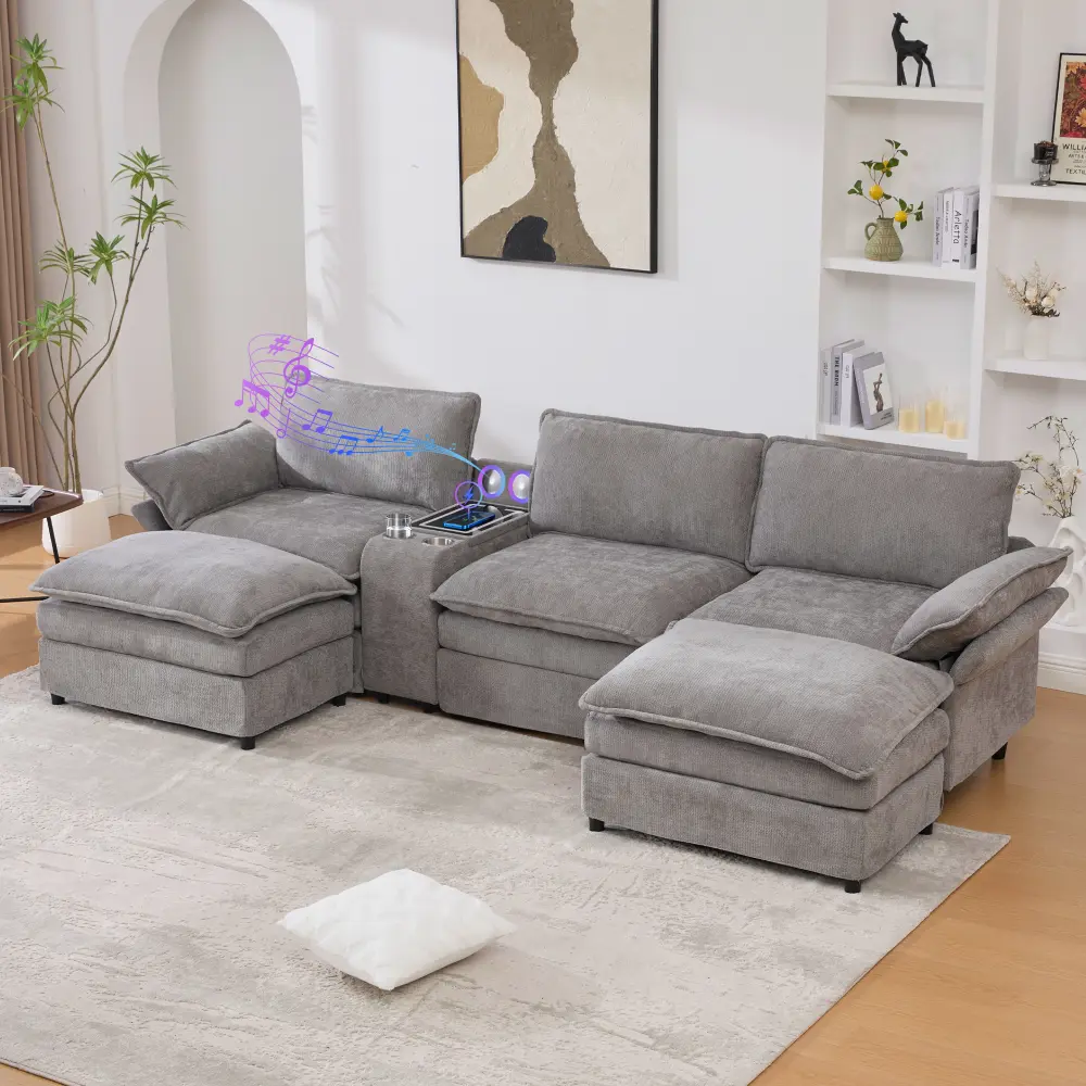 Multifunctional Modular Indoor Sofa with Adjustable Armrests, Wireless Charging, Mood Lighting, Storage Console, Surround Sound Bluetooth Speakers, Removable Footstool, Removable Seat & 2 Cup Holders