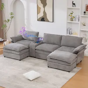 Multifunctional Modular Sofa with Adjustable Armrests, Wireless Charging, Mood Lighting, Storage Console, Surround Sound Bluetooth Speakers, Removable Footstool, Removable Seat & 2 Cup Holders