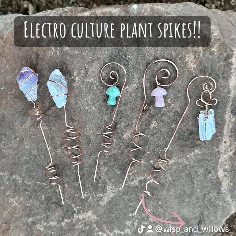Pure Copper Electroculture plant spikes~potted plant stakes for better plant growth~whimsical wire wrapped crystal garden decor~gemstone garden spikes