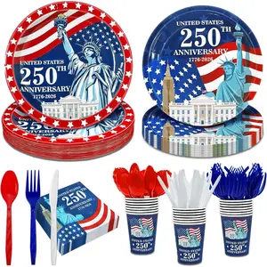 168PCS 4th of July Decorations 250th Anniversary Patriotic Party Supplies American Flag Tableware Set Plates Napkins Cups Knives Forks Spoon Red White Blue Decor for Memorial Independence Day Serve 24