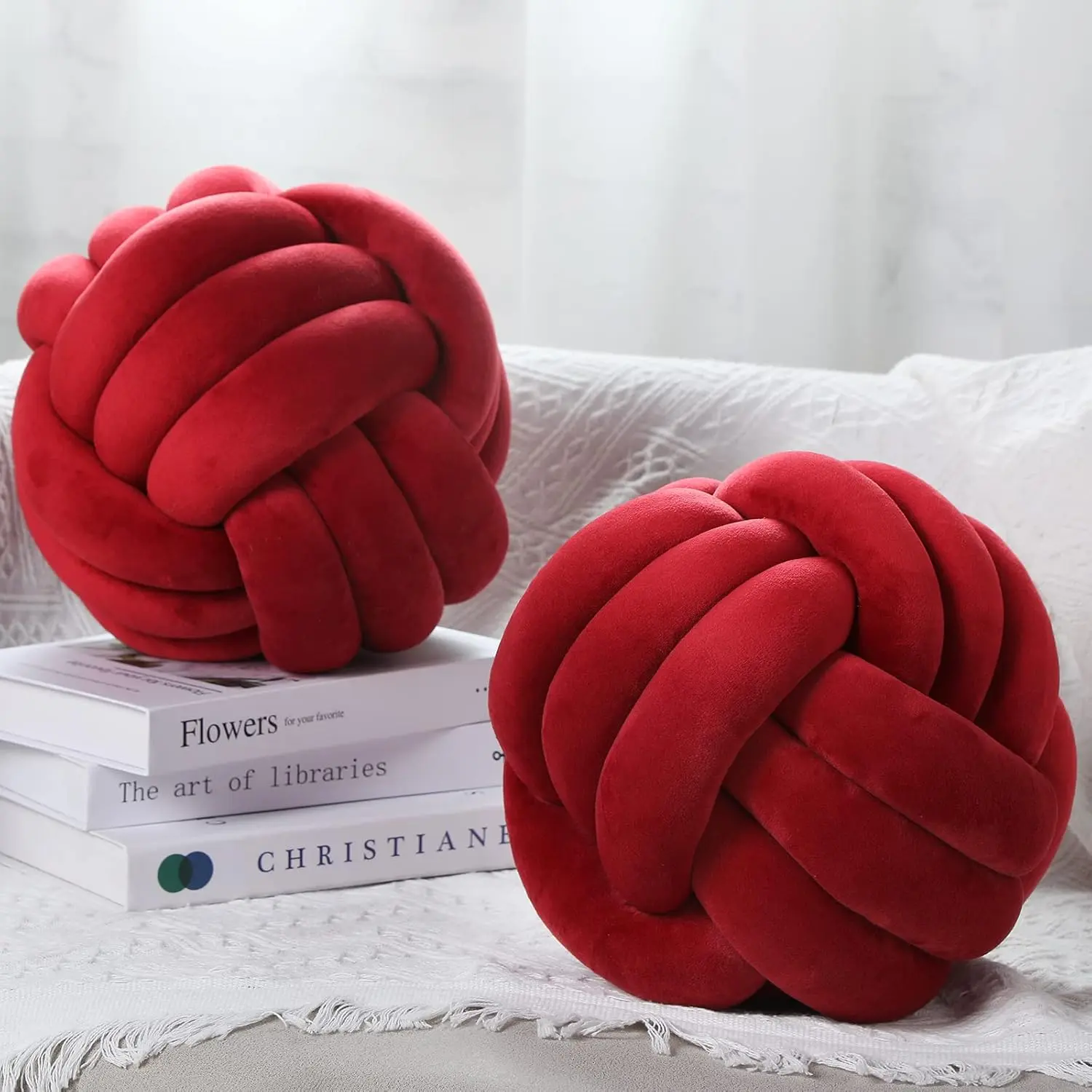 2 count Knot Ball Pillows Round Plush Aesthetic Cushion Pillows Soft  Relieving Cute Decorative Knotted Pillows for  Bed Sofa Bedroom Decor ( Red, 10.6 Inches)