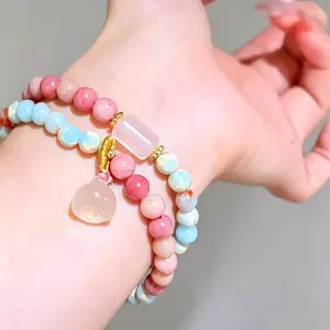 Pink Rose Quartz & Blue Howlite Stack Bracelet, 2-Layer Bohemian Beaded Chain with Cat Charm, Healing Crystal Jewelry Gift