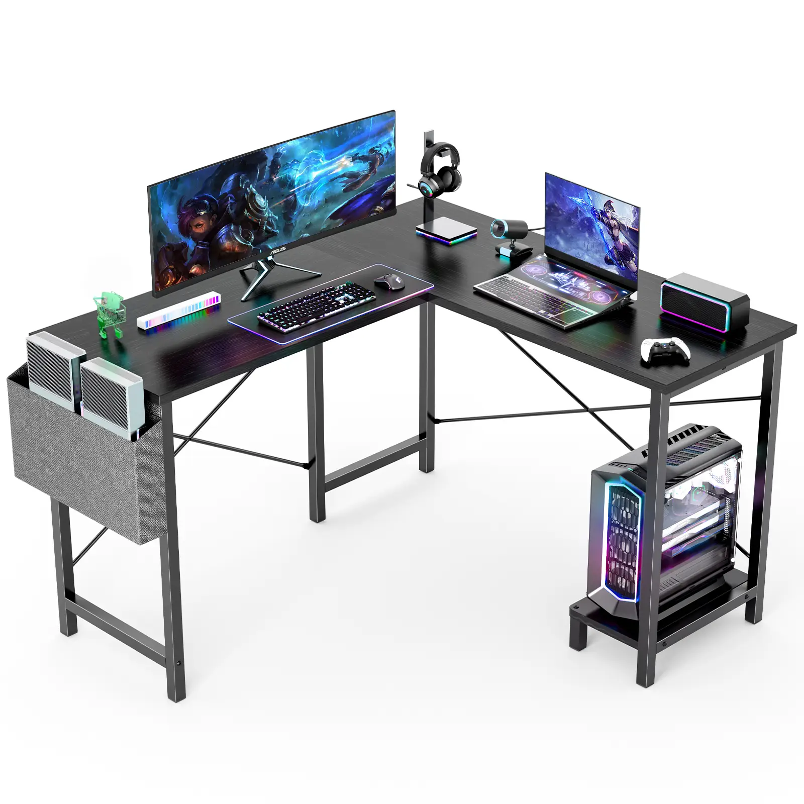 【Deal】Sweet Furniture S - L Shaped Computer Corner Desks Gaming Desk PC Table with CPU Stand Side Bag for Home Office Dorm Sturdy, 50 Inch