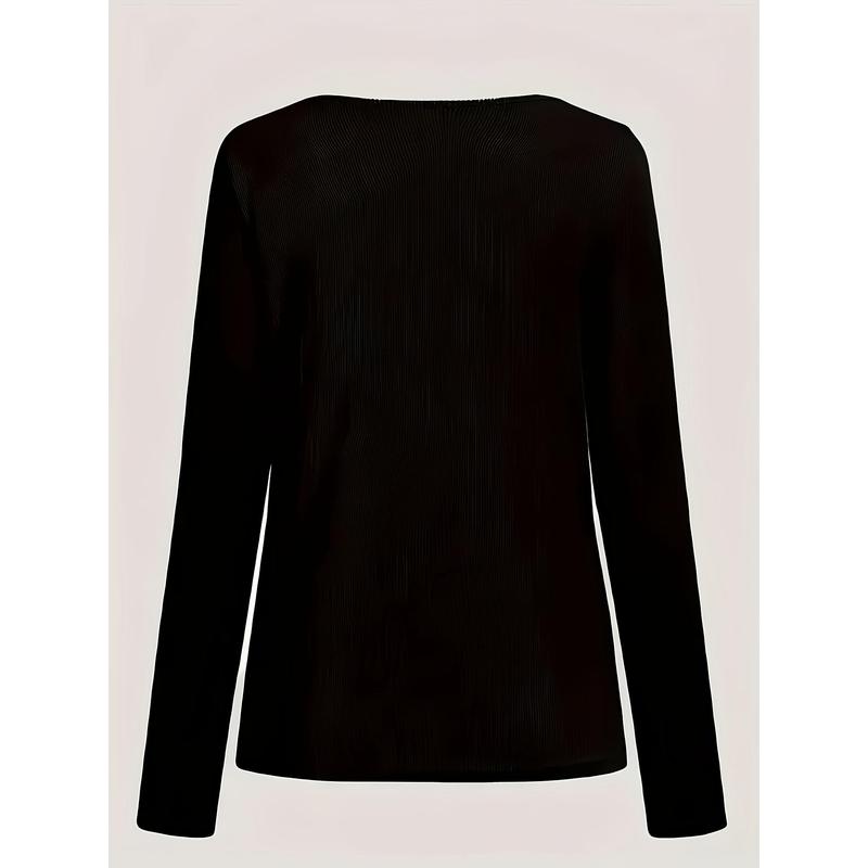 Women'S Elegant V-Neck Long Sleeve T-Shirt with Cross Chain Detail - Stretchy, Solid Color, Perfect for Spring/Fall, Casual to Formal Wear, Casual Wear | Vneck Top | Stretchy Fabric, , Elegant Blouse For Women, Women'S Blouse, Curvy Women'S Blouse