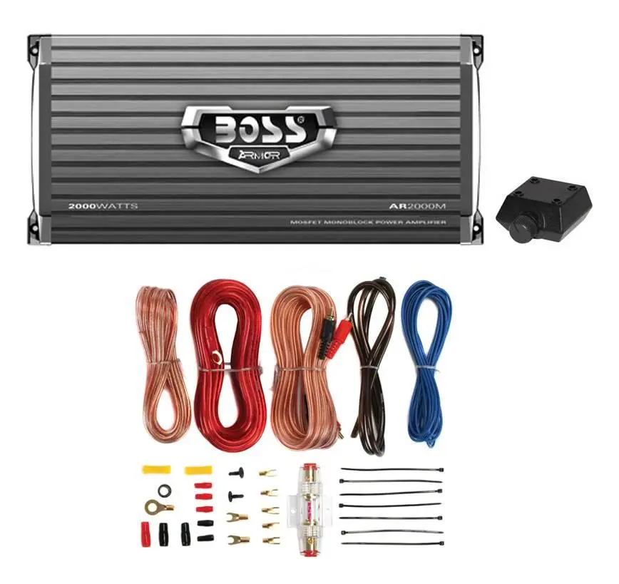 Boss Armor AR2000M 2000W Mono Car Audio Amplifier & Amp Wire Kit & Bass Remote Boss Armor AR2000M 2000W Mono Car Audio Amplifier & Amp Wire Kit & Bass Remote