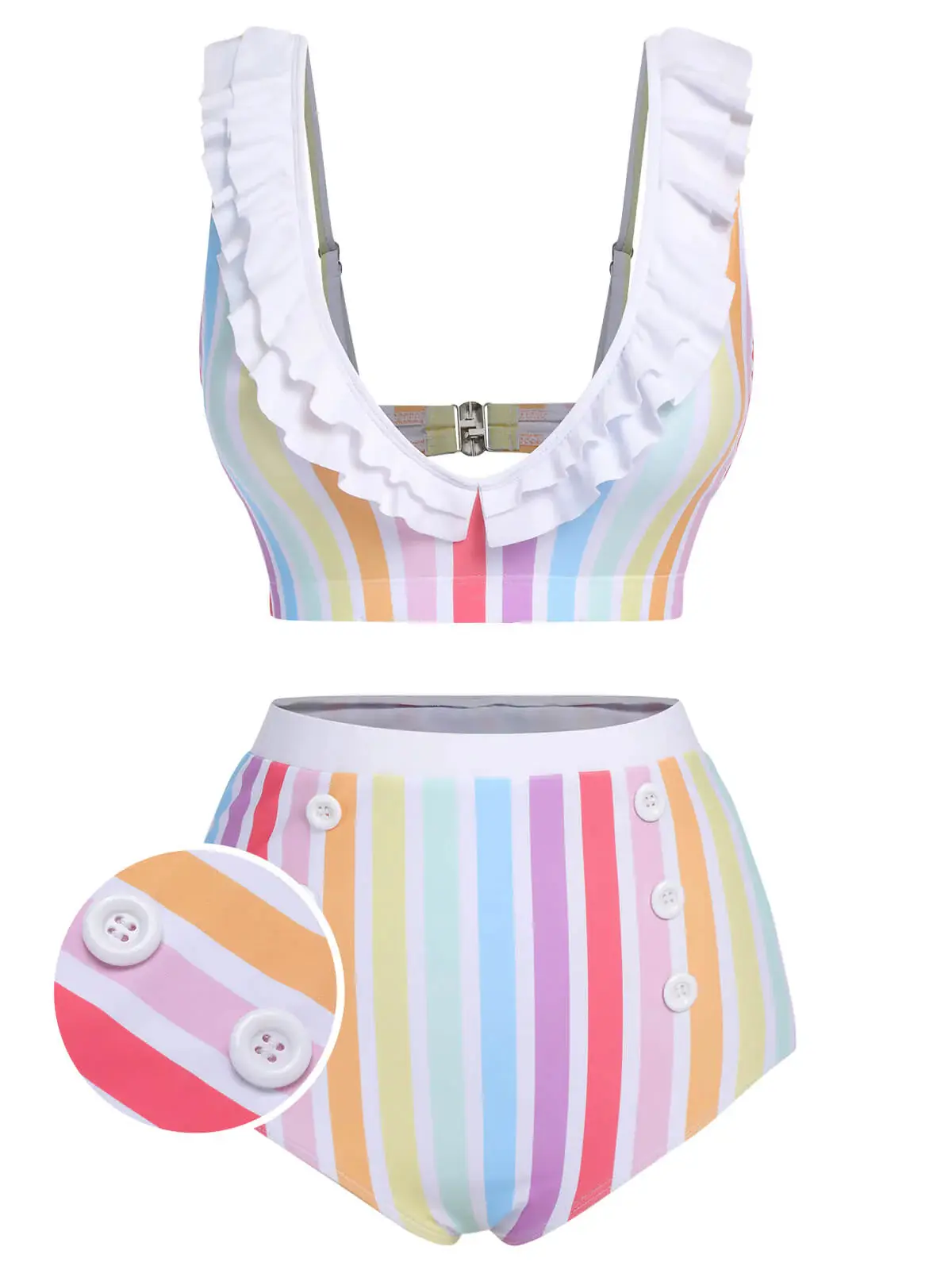 RETRO STAGE Women's 1950s Retro Rainbow Striped High-Stretch 2-Piece Tankini Set with High-Waisted Shorts, Wireless Beach Outfits