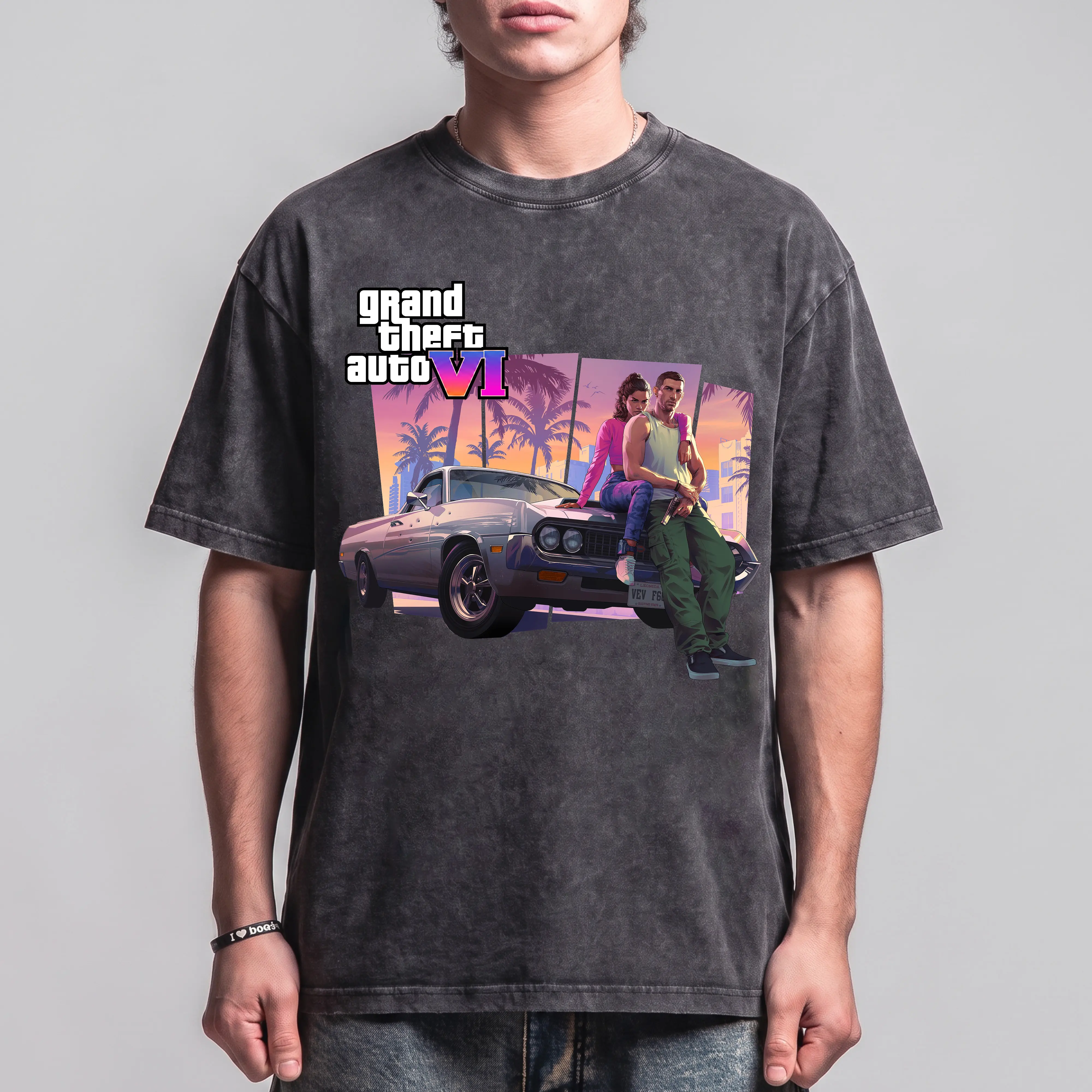 Lucia Jason Menswear GTA 6 Retro Car Sunset Art Print Oversized Vintage Washed Shortleeve T-Shirt - Heavyweight Breathable Cotton Fabric, Baggy Round Neck Streetwear Casual Top