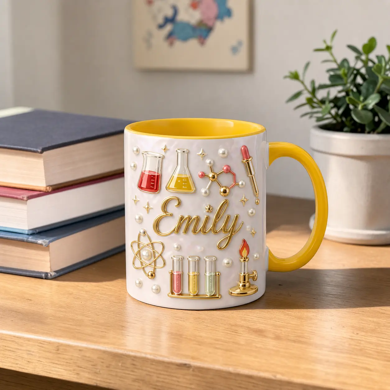 Personalized Chemistry Mug 2D Printed 3D Effect, Custom Name Ceramic Coffee Cup with Beaker, Test Tube and Atom Design, Gift for Science Teacher Women