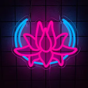 Moon Lotus Flower Neon Sign   Lotus light Up Sign for Bedroom  Powered Moon Neon Light for Yoga Room Game Room Man Cave Wall Decor